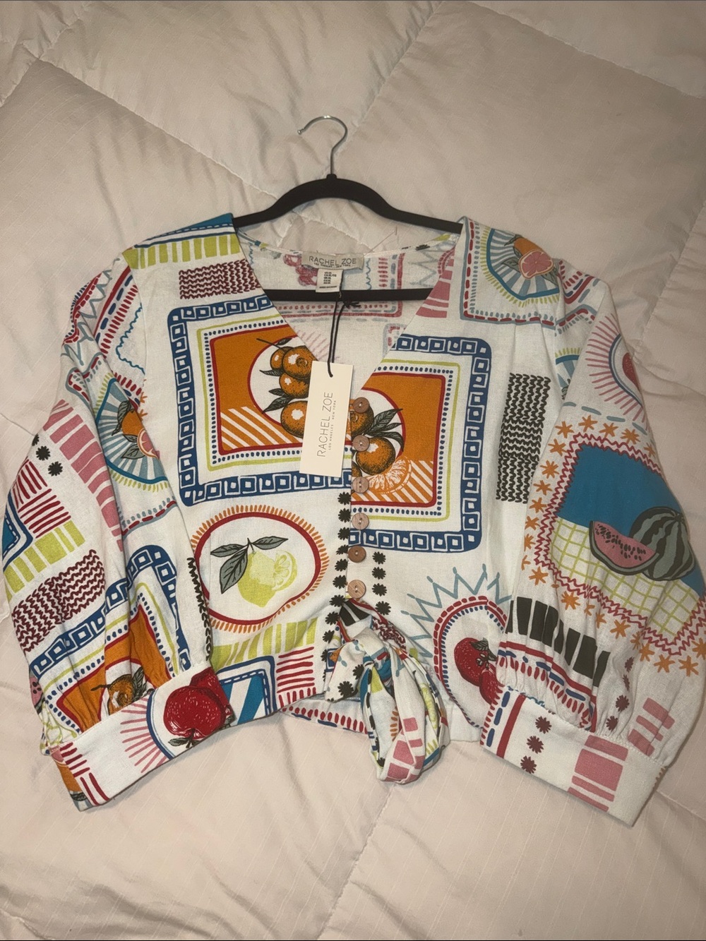 Rachel Zoe White Long Sleeve Top with Multicolor Fruit & Tile Print